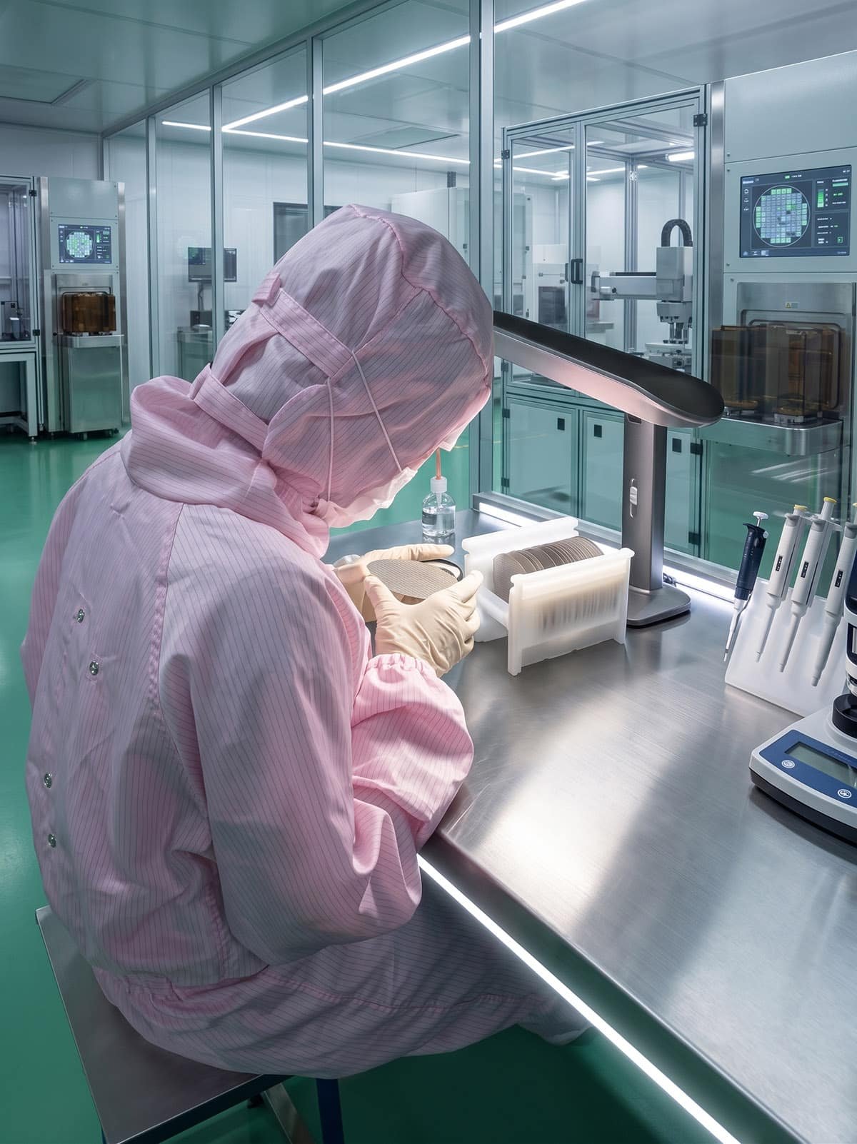Cleanroom technician inspecting a wafer before delivery