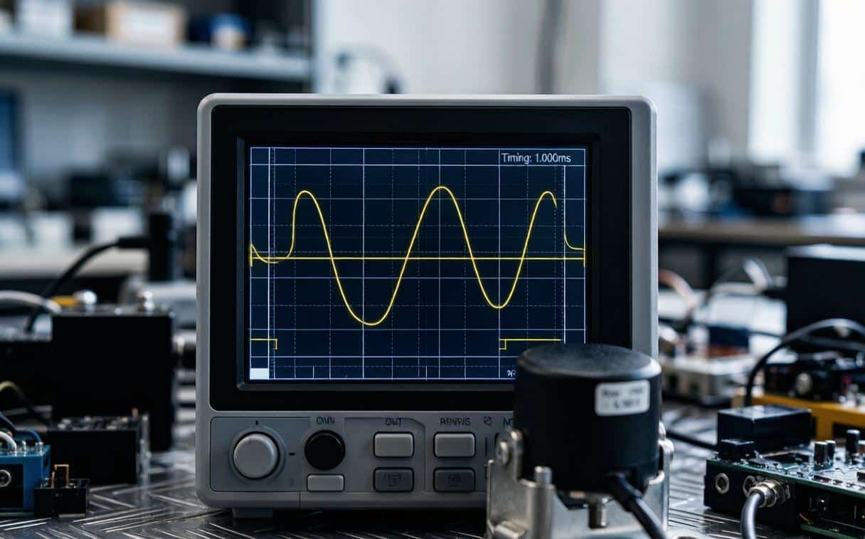 Oscilloscope waveform showing frequency stability of a quartz crystal timing device