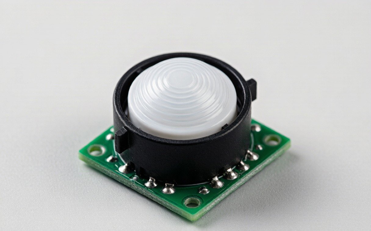 Pyroelectric PIR infrared sensor module with Fresnel lens, close-up