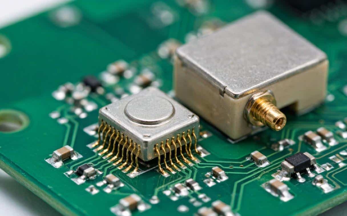 SAW RF filter chip and front-end module, close-up